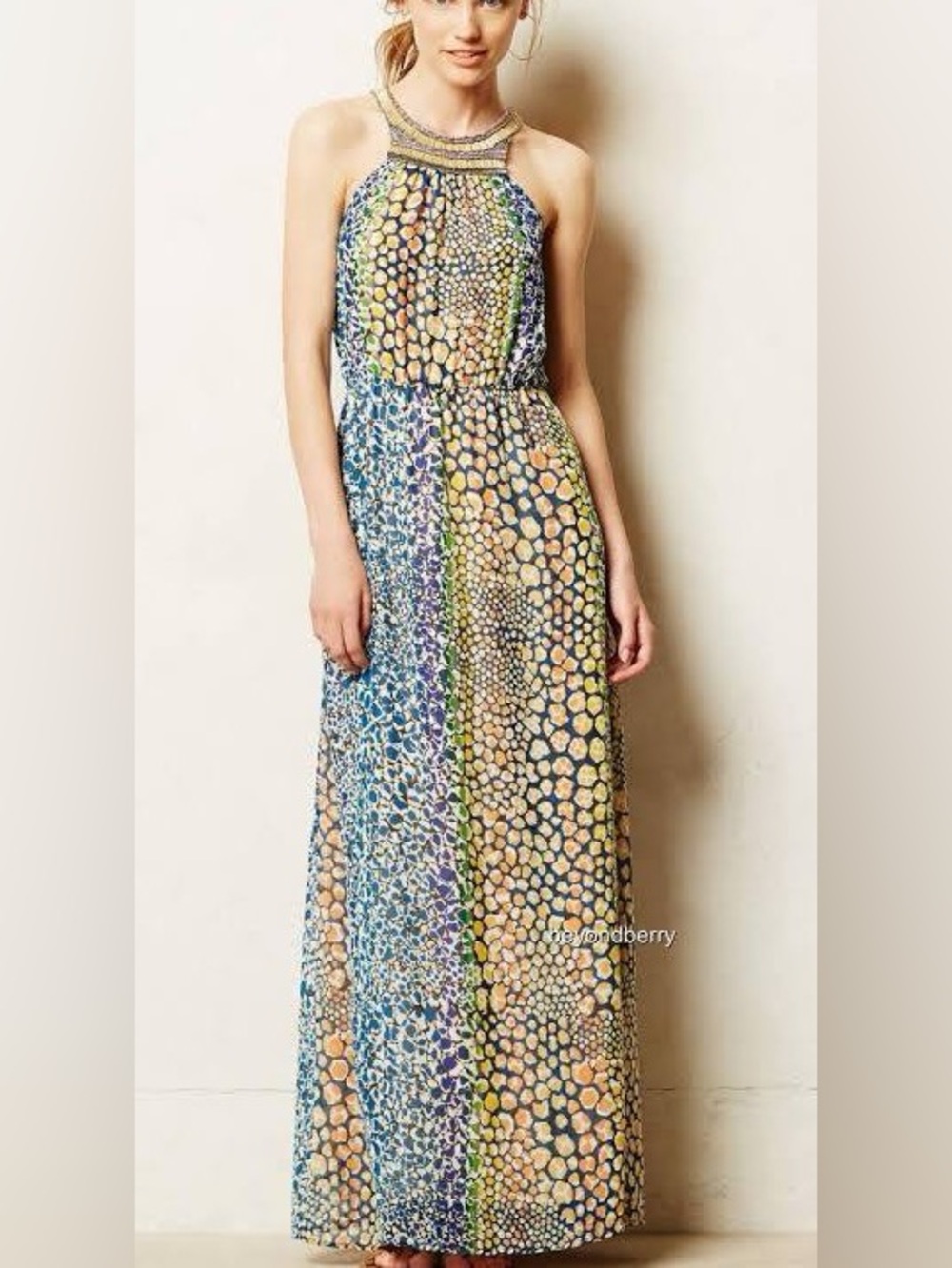 HD in Paris Anthropologie Mayacamas Blue and Yellow Beaded Maxi Dress 4 New